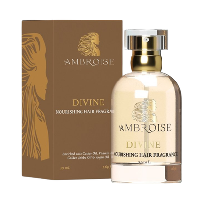 Ambroise Divine nourishing hair fragrance bottle and packaging on a white background